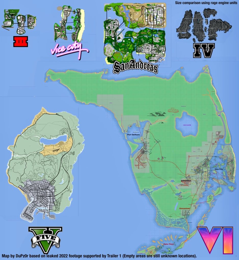 Uma das projeções de como seria o mapa do GTA 6 em comparação com o mapa de outros jogos